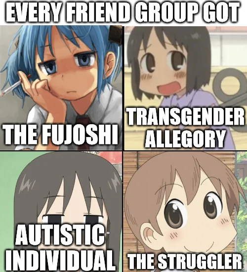 Every Friend Group Got The Fujoshi — Four-panel Nichijou meme labeling characters as The Fujoshi, Transgender Allegory, Autistic Individual, and The Struggler.