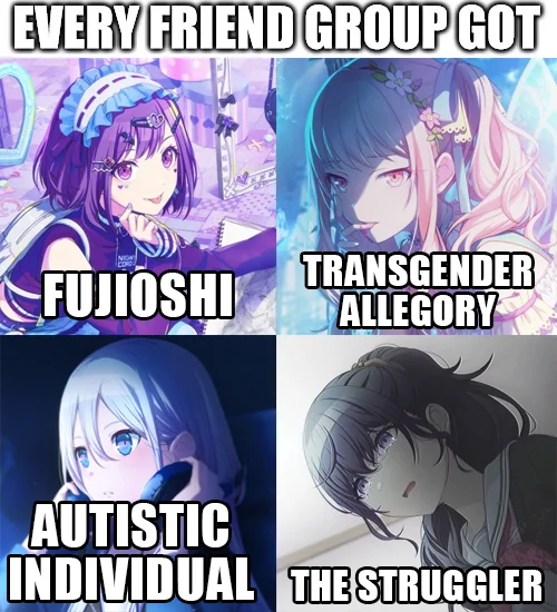 Every Friend Group Got The Fujoshi — Four-panel meme using Project Sekai anime girls labeled Fujoshi, Transgender Allegory, Autistic Individual, and The