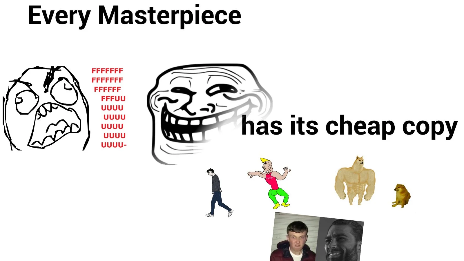 Collage titled 'Every Masterpiece has its cheap copy' showing old rage comics on the left and newer meme characters on the right