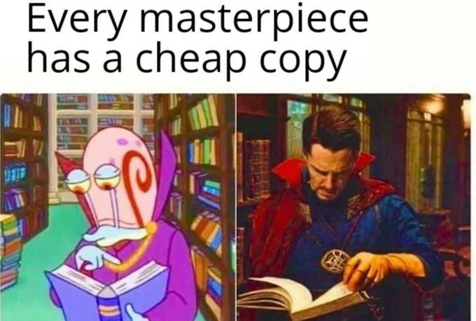 Every Masterpiece Has Its Cheap Copy — Mermaid Man reading a book next to Doctor Strange reading a book in a library