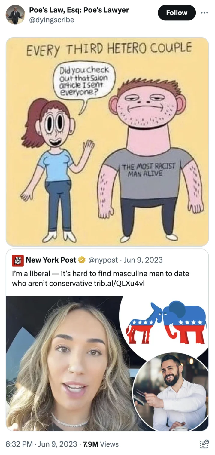Every Third Hetero Couple The Most Racist Man Alive — Tweet by Poe's Law lawyer pairing the cartoon with a New York Post headline about liberal dating