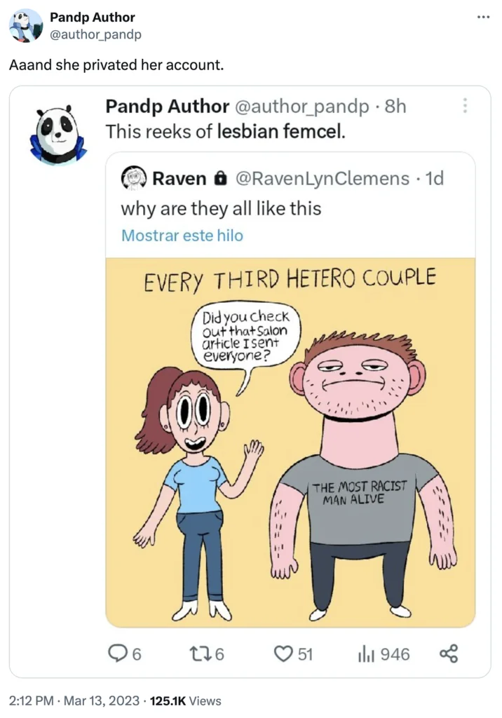 Every Third Hetero Couple The Most Racist Man Alive — Quote tweet by Pandp Author calling the cartoon 'lesbian femcel' content
