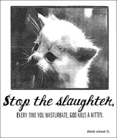 Black and white poster of a sad kitten with the caption 'Stop the slaughter — every time you masturbate God kills a kitten'