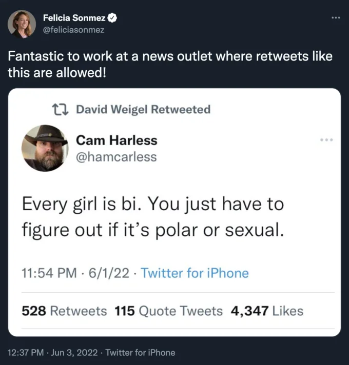 Every Woman Is Bi. You Just Need To Find Out If It's Polar Or Sexual — Felicia Sonmez quote tweet criticizing a colleague for retweeting the every girl is bi