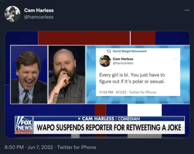 Every Woman Is Bi. You Just Need To Find Out If It's Polar Or Sexual — Fox News screenshot of Tucker Carlson segment on WaPo suspending reporter for retweeting