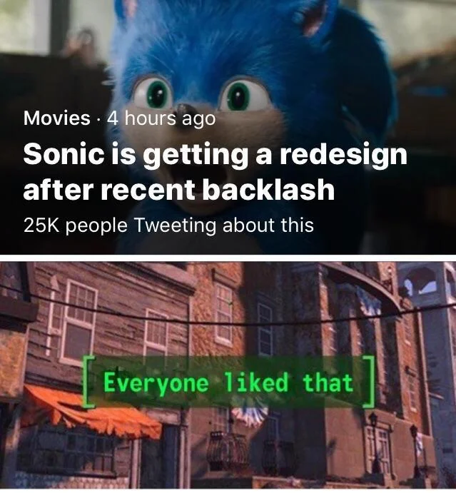 Everyone Disliked — News post about Sonic the Hedgehog movie redesign above the 'Everyone liked that' Fallout 76 notification.
