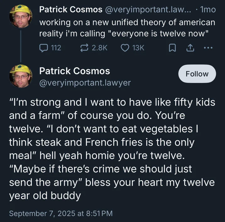 Everyone Is 12 Now Theory Of Course You Do Youre 12 — Patrick Cosmos follow-up tweet explaining the everyone is twelve theory with examples