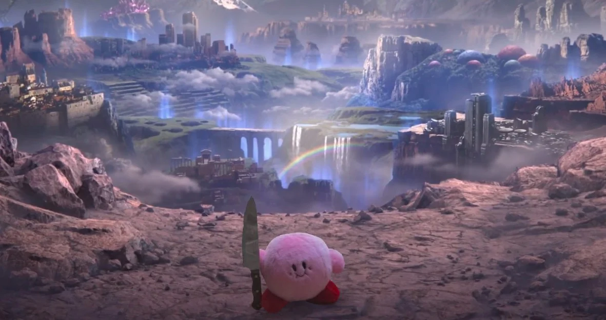 Everyone Is Dead Except Kirby — Kirby plush holding a knife standing in the World of Light landscape from Super Smash Bros. Ultimate