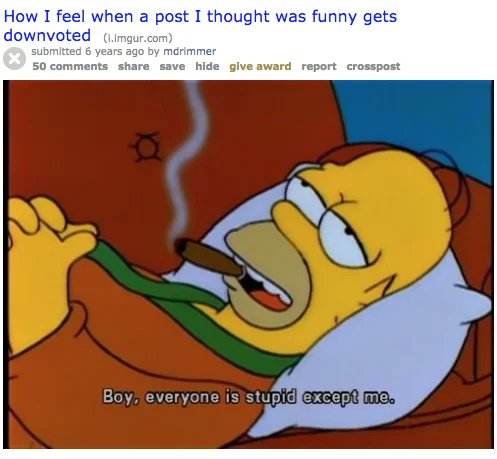 Everyone Is Stupid Except Me — Reddit post using the Homer Simpson meme to react to being downvoted