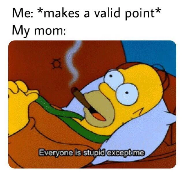 Everyone Is Stupid Except Me — Meme captioned 'Me makes valid point, my mom' with Homer Simpson image