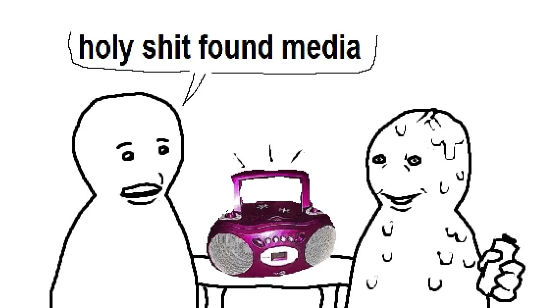 "Everyone Knows That" — MS Paint drawing of two figures and pink boombox with holy shit found media caption