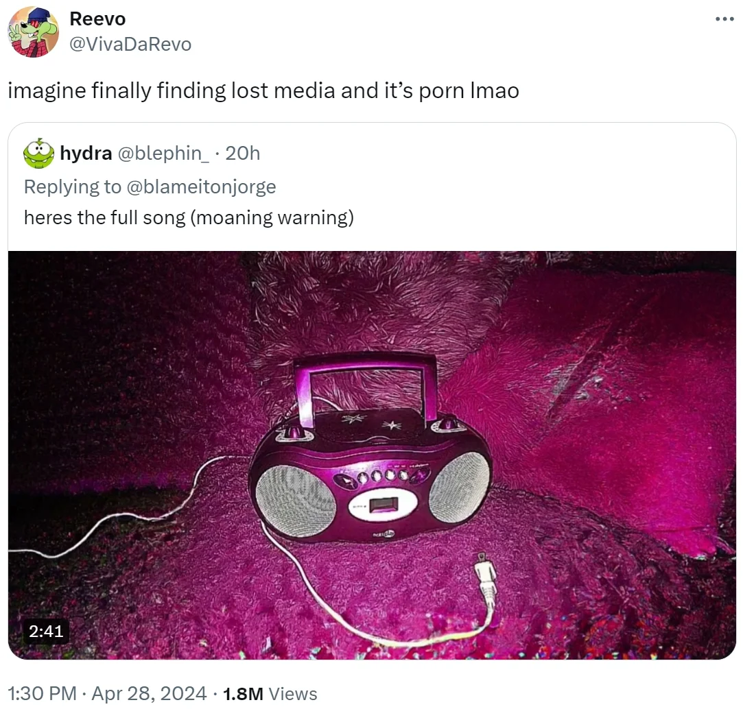 "Everyone Knows That" — Tweet from Reevo quote-tweeting hydra with boombox video about EKT being from porn
