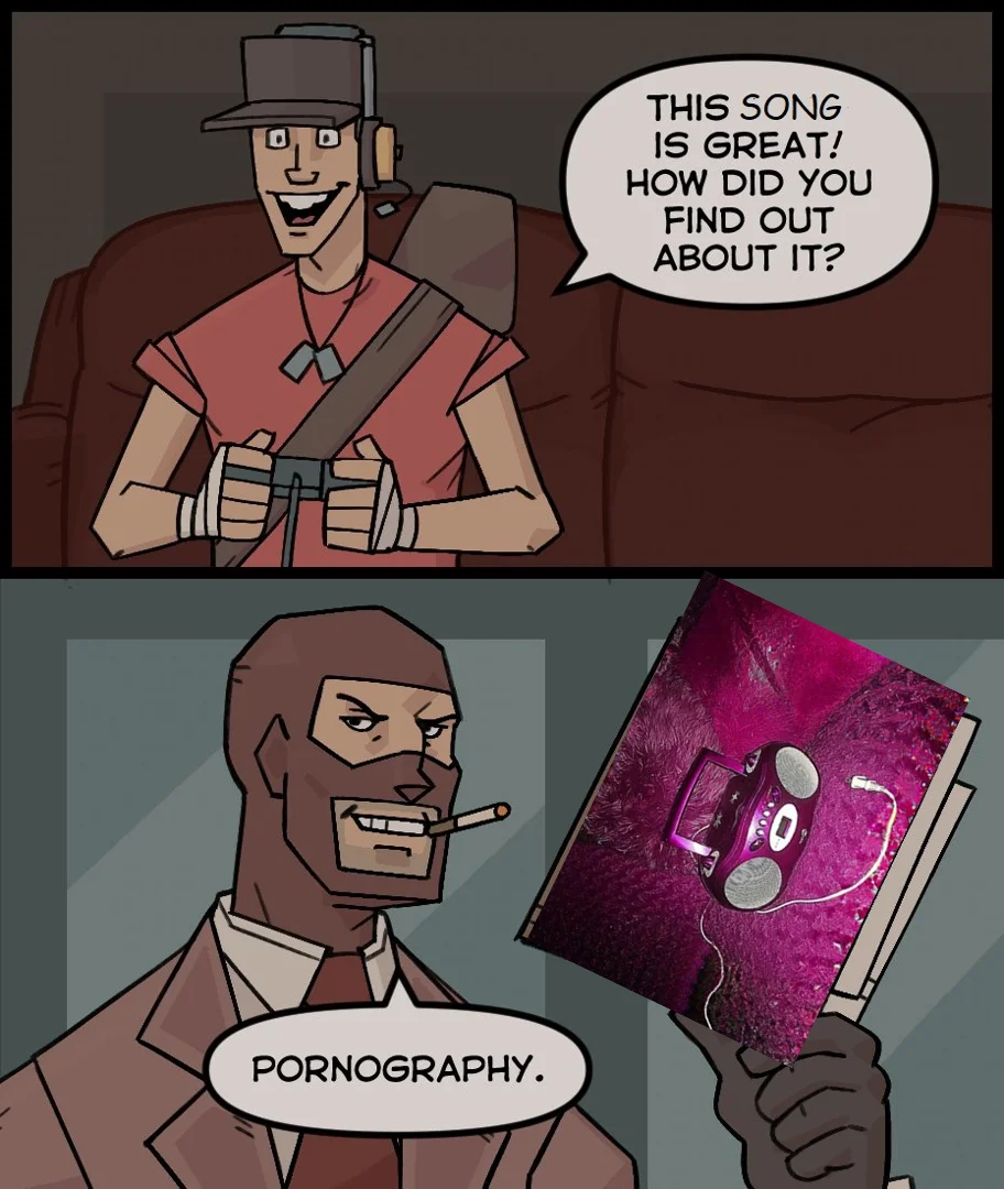 "Everyone Knows That" — TF2 Scout and Spy comic with Spy holding EKT boombox photo saying pornography