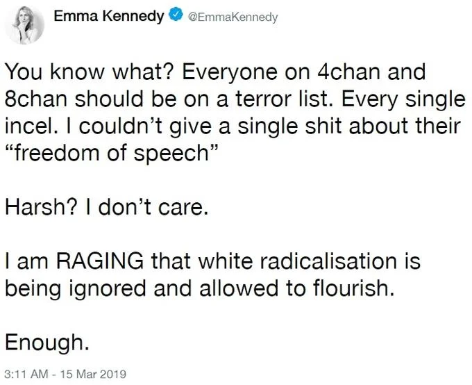Everyone On 4Chan Should Be On A Terror List — Screenshot of Emma Kennedy's original March 2019 tweet about 4chan and 8chan