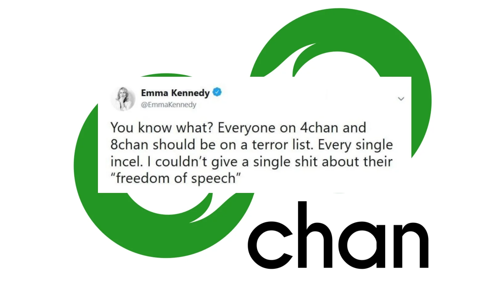 Everyone On 4Chan Should Be On A Terror List — Emma Kennedy tweet overlaid on green 4chan/8chan clover logo
