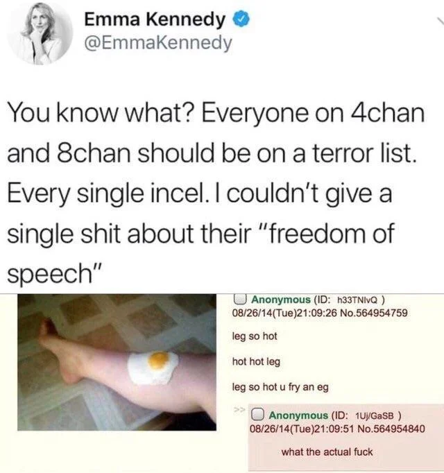 Everyone On 4Chan Should Be On A Terror List — Emma Kennedy tweet above 4chan 'leg so hot u fry an eg' greentext thread
