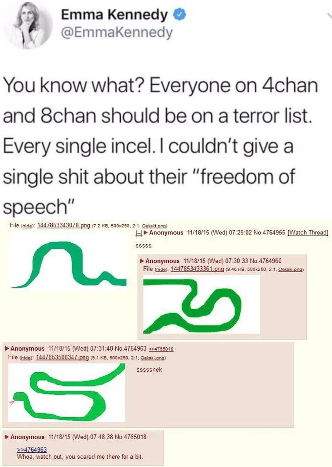 Everyone On 4Chan Should Be On A Terror List — Emma Kennedy tweet above 4chan 'sssssnek' thread with drawings of green snakes