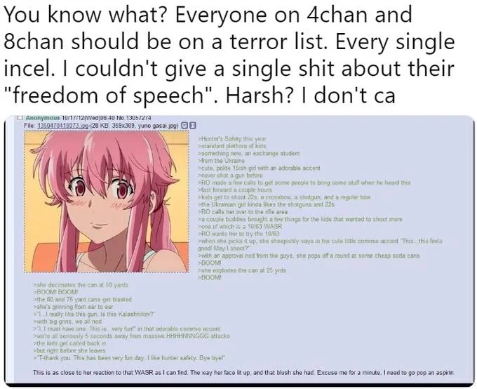 Everyone On 4Chan Should Be On A Terror List — Emma Kennedy tweet excerpt above the 4chan 'Yuno Gasai hunter safety' greentext