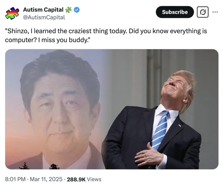 Twitter post comparing Shinzo Abe and Trump with 'everything is computer' joke.