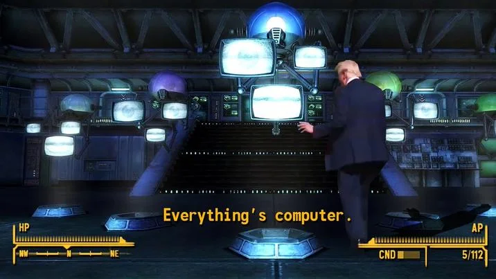 Everything Is Computer — Sci-fi control room with illuminated monitors and 'Everything's computer' text overlay.