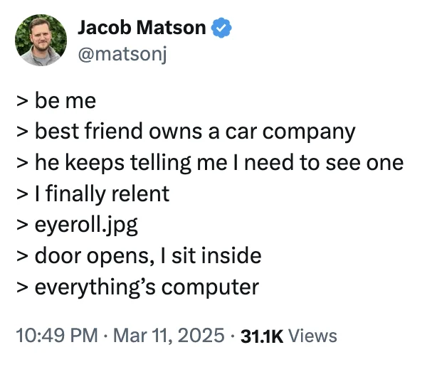 Everything Is Computer — Greentext-style Twitter post about visiting friend's Tesla with 'everything's computer' payoff.