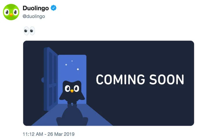 Evil Duolingo Owl — Duolingo tweet with a Coming Soon graphic of the owl in a dark doorway