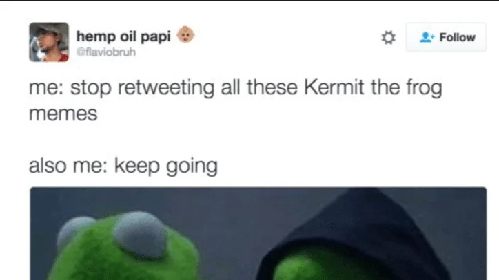 Evil Kermit — Screenshot of original viral tweet by @flaviobruh from November 2016 about retweeting Kermit memes.