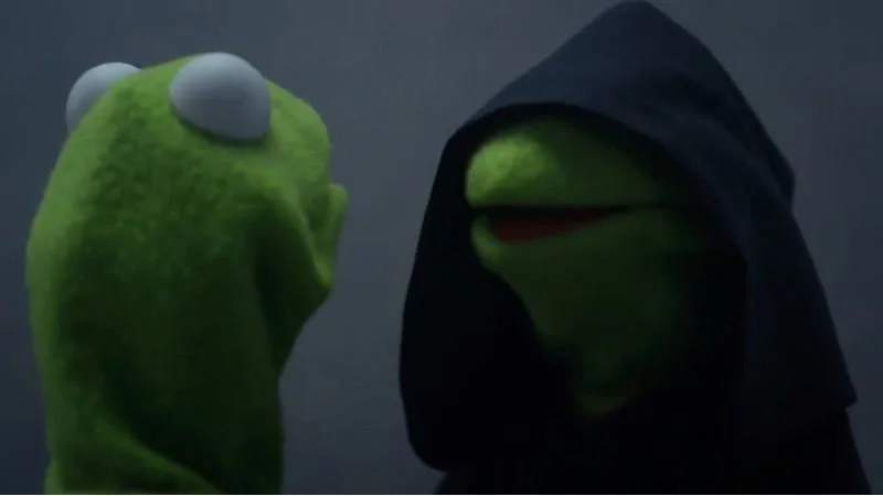 Evil Kermit — Clean source image from Muppets Most Wanted showing Kermit and Constantine in profile without text overlay.