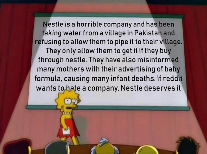 Evil Nestle — Lisa Simpson presentation meme with a slide listing accusations against Nestlé, ending that Nestlé deserves Reddit's hate