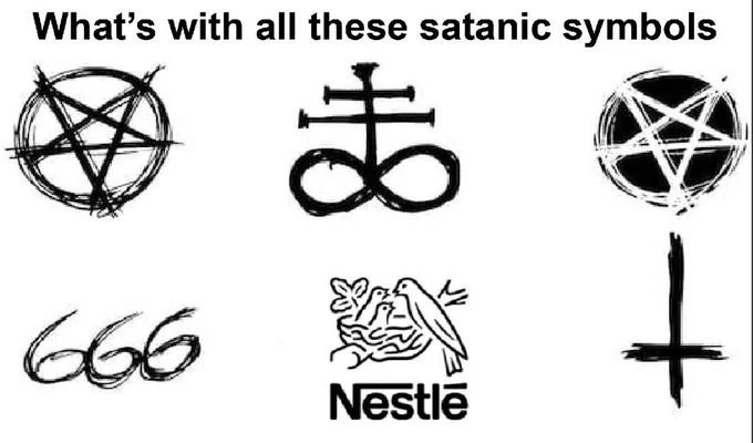 Evil Nestle — Compact version of the satanic symbols collage featuring the Nestlé logo among occult imagery