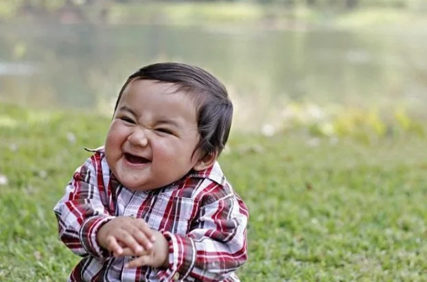 Evil Toddler — Cropped photo of laughing toddler in plaid shirt rubbing hands together on grass.