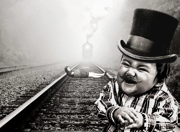 Photoshopped Evil Toddler as a villain in top hat and mustache beside train tracks with a tied victim.