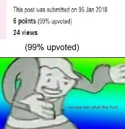 Excuse Me What The Fuck — Reddit post stats screenshot showing '99% upvoted' above the excuse me Vault Boy meme