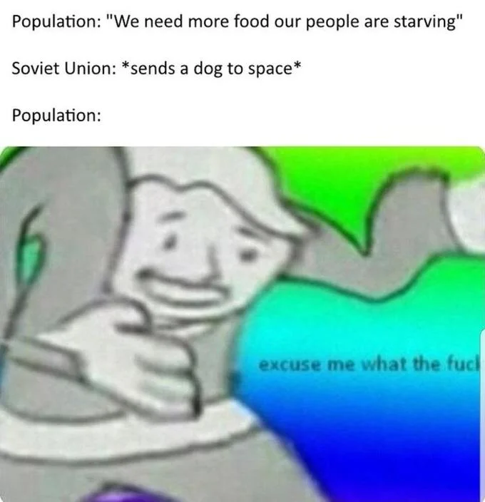Excuse Me What The Fuck — Meme about Soviet Union sending a dog to space instead of feeding starving population, with Vault Boy reaction