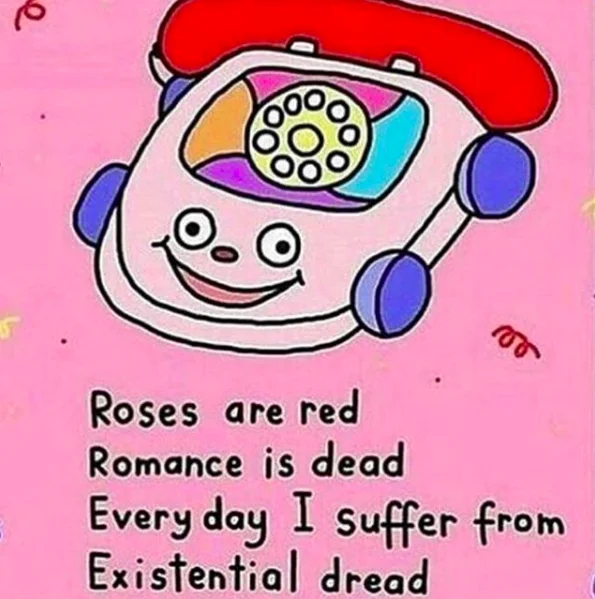 Cartoon phone character with poem about existential dread