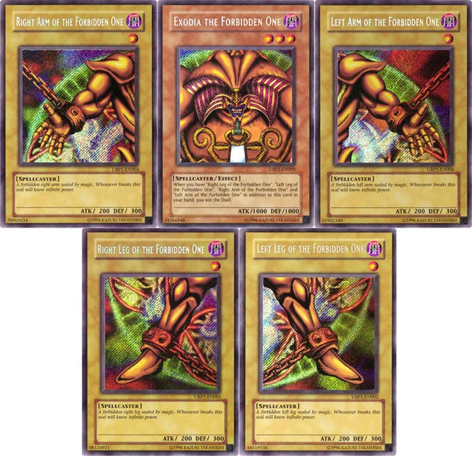 Complete Exodia the Forbidden One five-card set including head, arms, and legs