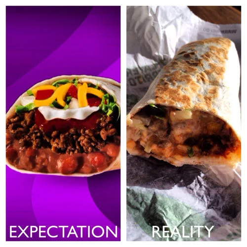 Expectation vs. Reality — Food meme comparing professionally-styled burger expectation versus crumpled takeout reality.