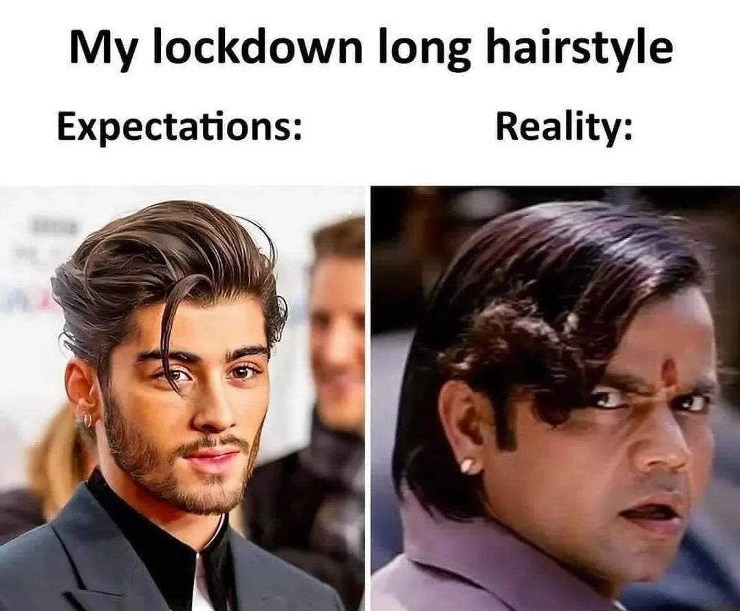 Expectation vs. Reality — Comparison of perfectly styled hair expectation versus messy disheveled hair reality during lockdown.