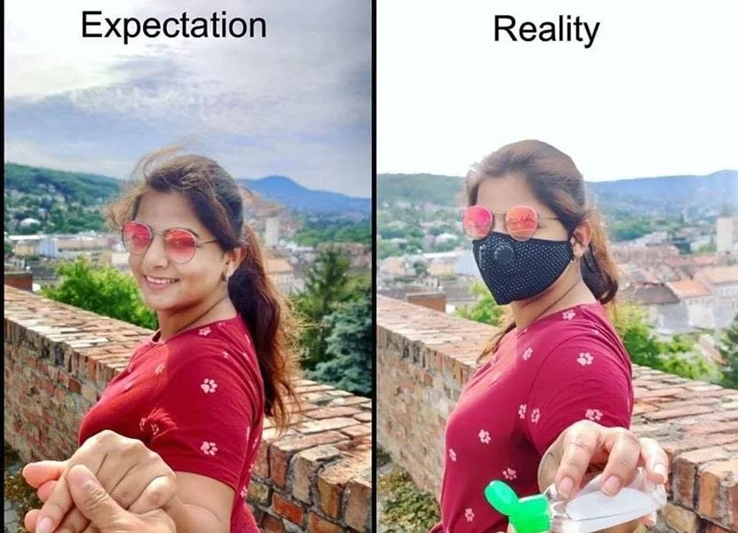 Expectation vs. Reality — Split-screen with polished Instagram selfie in pink sunglasses versus silly masked expression.