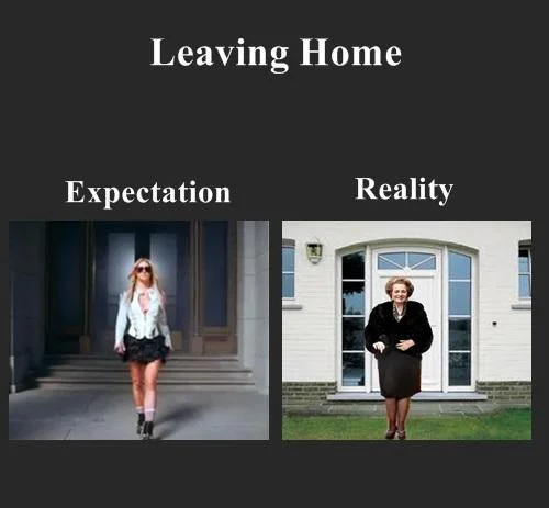 Expectation vs. Reality — Meme comparing fashionable young woman expectation versus aging woman reality.