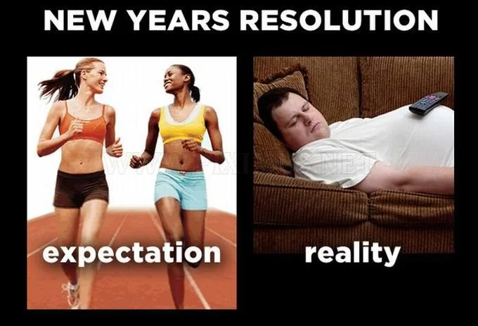 Expectation vs. Reality — New Year's resolution meme showing fit joggers expectation versus couch lounging reality.