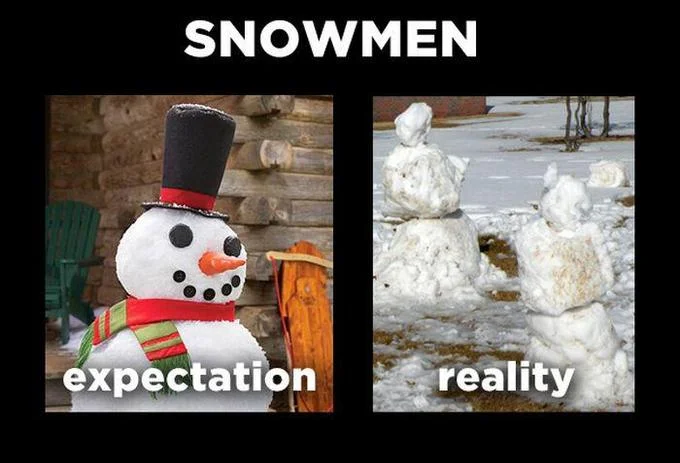 Expectation vs. Reality — Winter meme comparing well-crafted snowman expectation versus poorly-formed snow lumps reality.