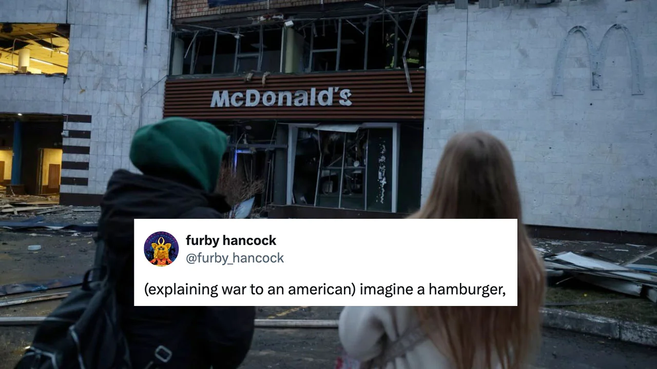 Explaining To An American Imagine A Burger — Bombed McDonald's storefront with tweet overlay reading 'explaining war to an american imagine a hamburger'