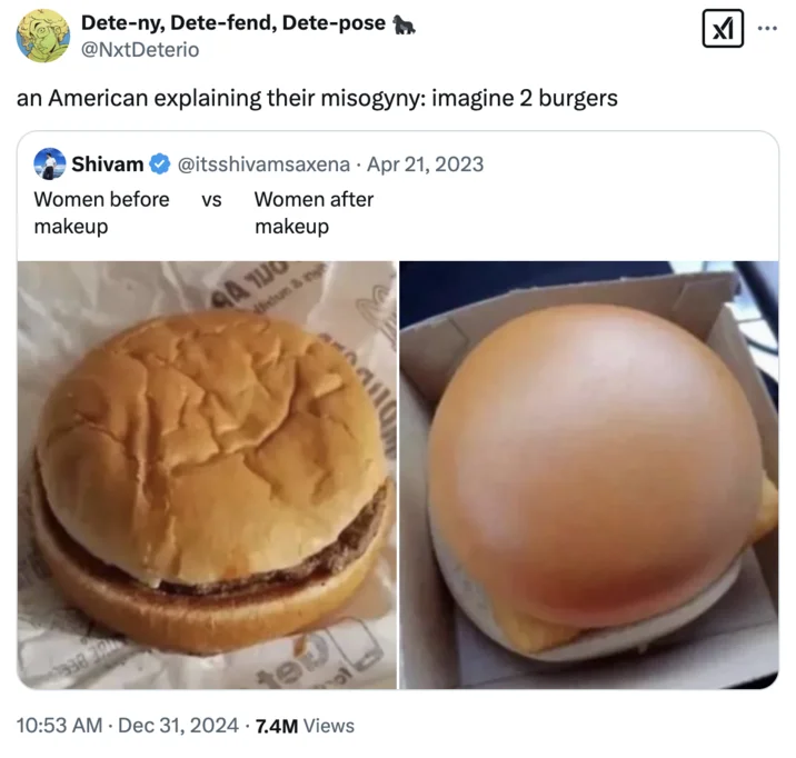 Explaining To An American Imagine A Burger — Tweet mocking misogynistic 'women before/after makeup' meme using the 'imagine 2 burgers' format