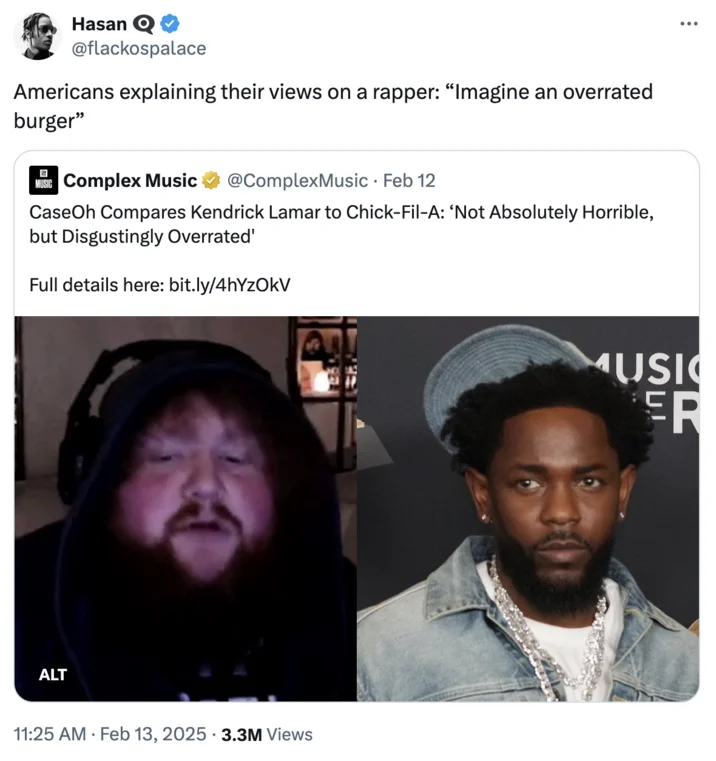 Explaining To An American Imagine A Burger — Tweet using 'imagine an overrated burger' format about a rapper opinion