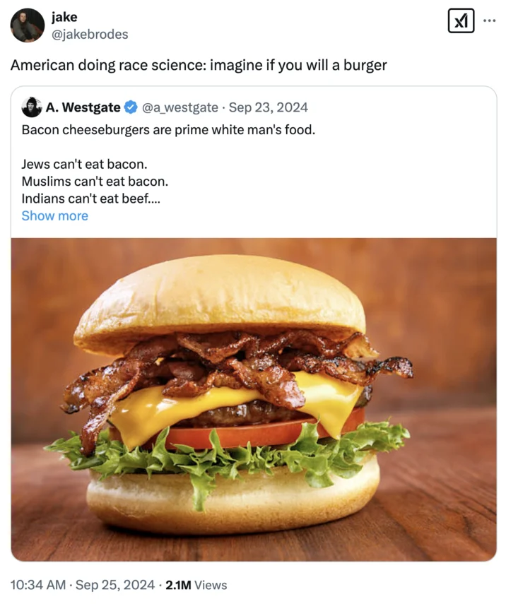 Explaining To An American Imagine A Burger — Tweet with 'imagine if you will a burger' caption applied to a bacon cheeseburger dietary restriction post