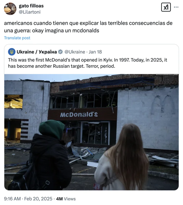 Explaining To An American Imagine A Burger — Spanish tweet using McDonald's destruction photo with 'imagine a mcdonalds' war explainer format