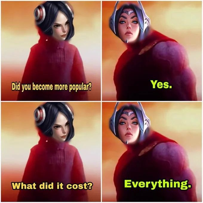 What Did It Cost? Everything — Four-panel meme with Mobile Legends hooded characters and 'Did you become more popular? Everything.' captions