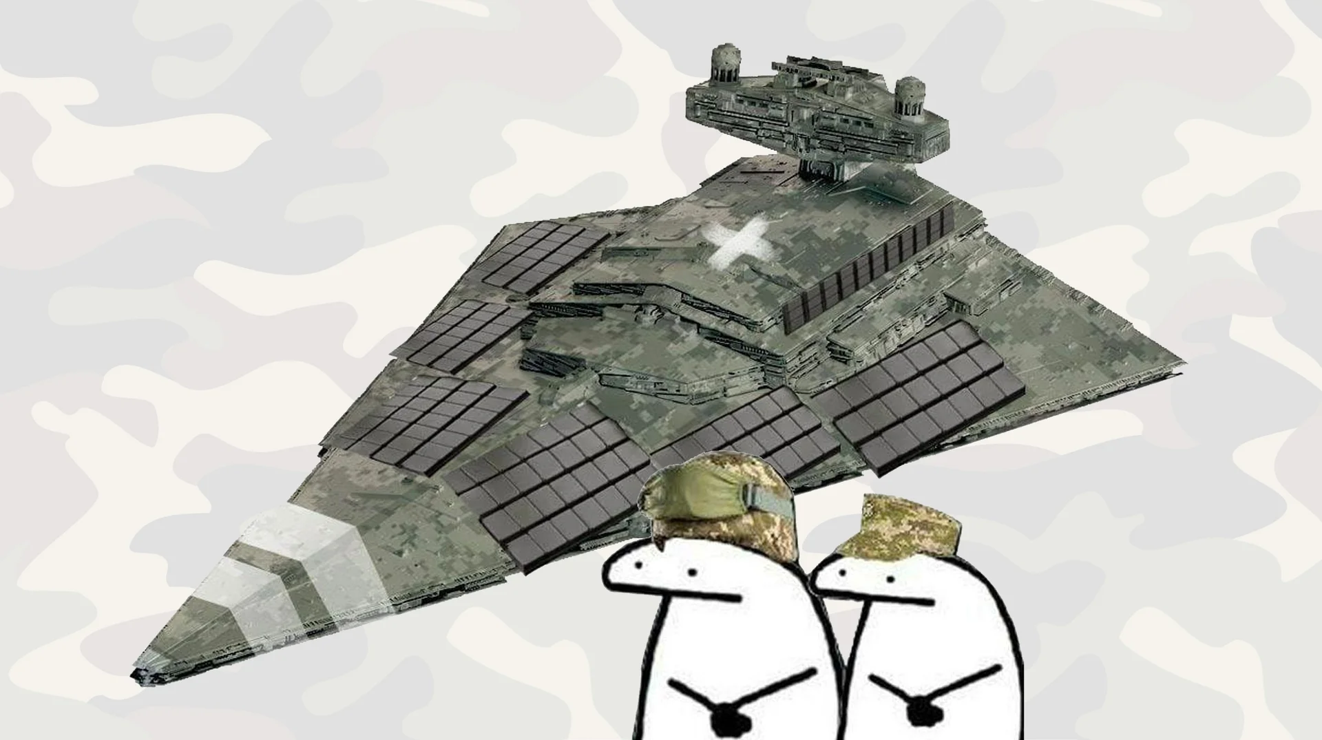 Explosive Reactive Armor Era — Star Destroyer with camouflage armor panels above two flork characters in Ukrainian military caps