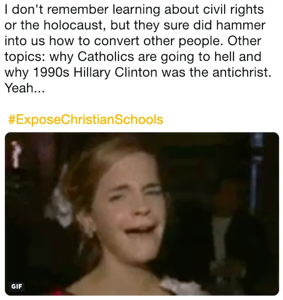 Exposechristianschools — Tweet about curriculum teaching Hillary Clinton as antichrist with reaction GIF.